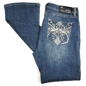 Grace In LA Honeycomb Cross Pocket Whiskered Blue Denim Jeans Women's 8M